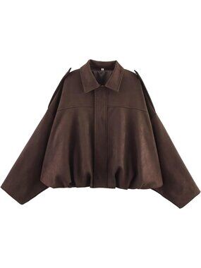 Women's Coffee Faux Suede Oversized Bomber Jacket ZIP Up Long Sleeve Coat